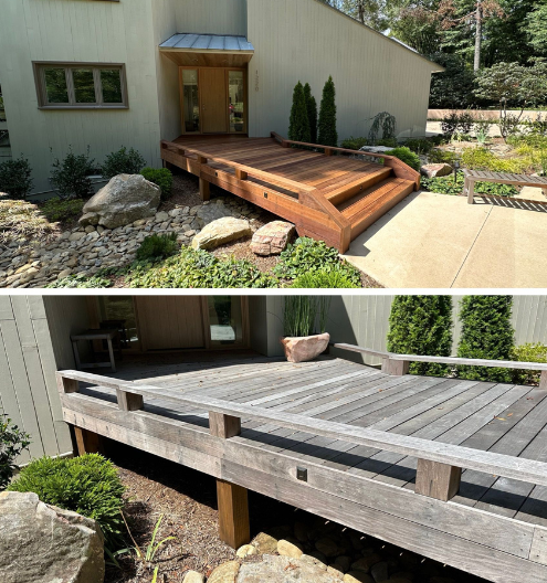 Before and after wooden deck wash & seal company services in Charlotte NC