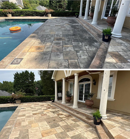 Before & after photo of pool deck pressure washing and restoration in Charlotte