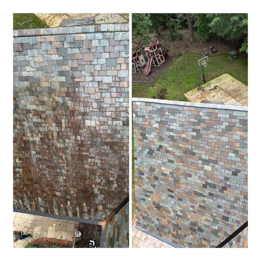 Before & after photos of luxury home's clean roof shows drastically cleaned high-end slate roof. Originally covered in brown mud and moss, now completely clean and restored. Charlotte NC