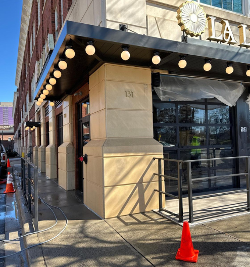 Commercial pressure washing front of restaurant in Charlotte NC by Charlotte Exterior Services