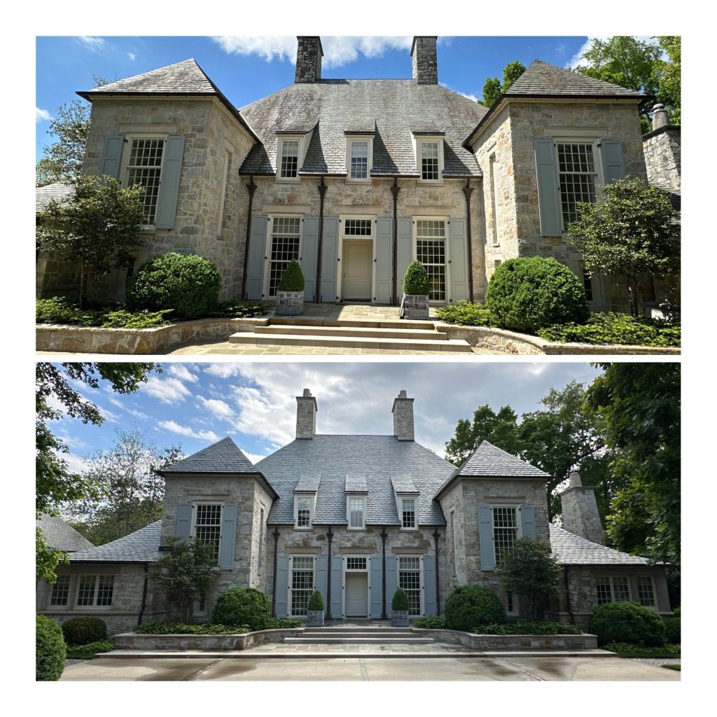 Before & after photos of luxury home's clean roof and soft washed home done by Charlotte Exterior Services in Charlotte NC