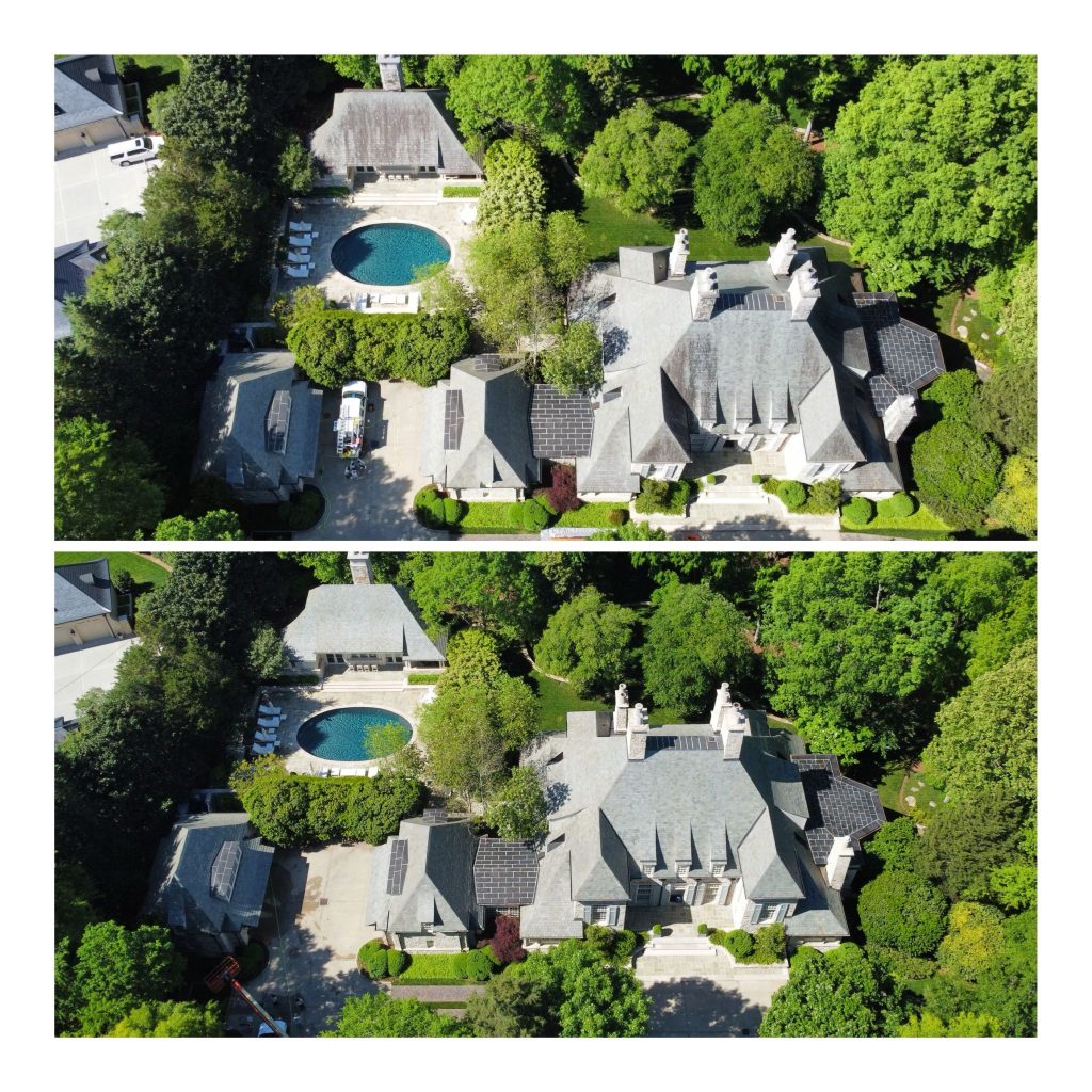 Aerial before & after photos of luxury home's clean roof and soft washed home done by Charlotte Exterior Services in Charlotte NC - Drastic differences between the two photos. Exceptional service on a complex roof.